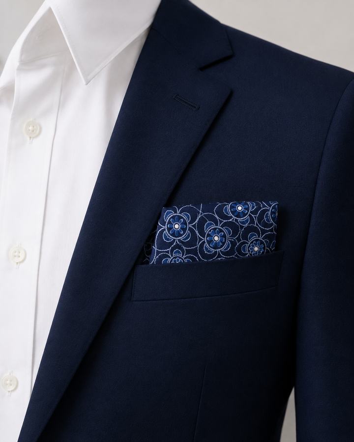 Alfa, bröstnäsduk i blått med blommigt motiv, formellt stylad
