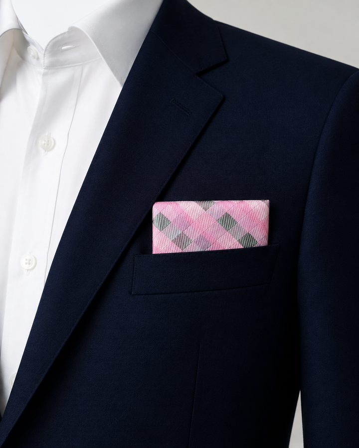CERES, bröstnäsduk i rosa med rutigt mönster, formellt stylad