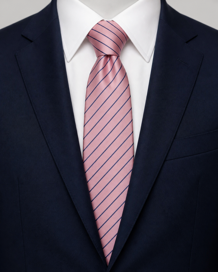 CLEMENS, bred slips i rosa och mörkt blåviolett med fina mörkt blåvioletta diagonala pinstripes på rosa botten, formellt stylad