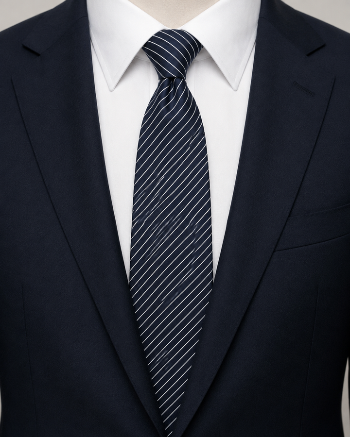 CUT, bred slips i mörkblått och vitt med täta fina vita diagonala pinstripes på mörkblå botten, formellt stylad