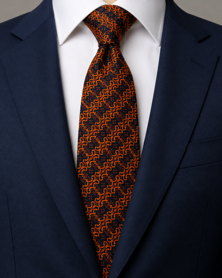 FURINA, slips i svart och orange med ett tätt sammanlänkat orange geometriskt motiv på svart botten, formellt stylad