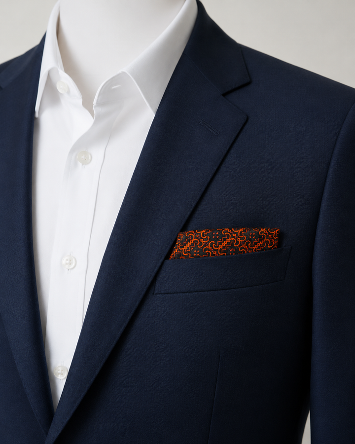 FURINA, bröstnäsduk i svart och orange med ett tätt sammanlänkat orange geometriskt motiv på svart botten, formellt stylad