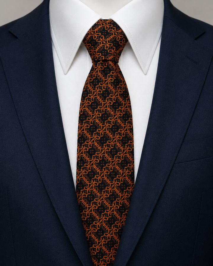 FURINA SMAL, smal slips i svart och orange med ett tätt sammanlänkat orange geometriskt motiv på svart botten, formellt stylad
