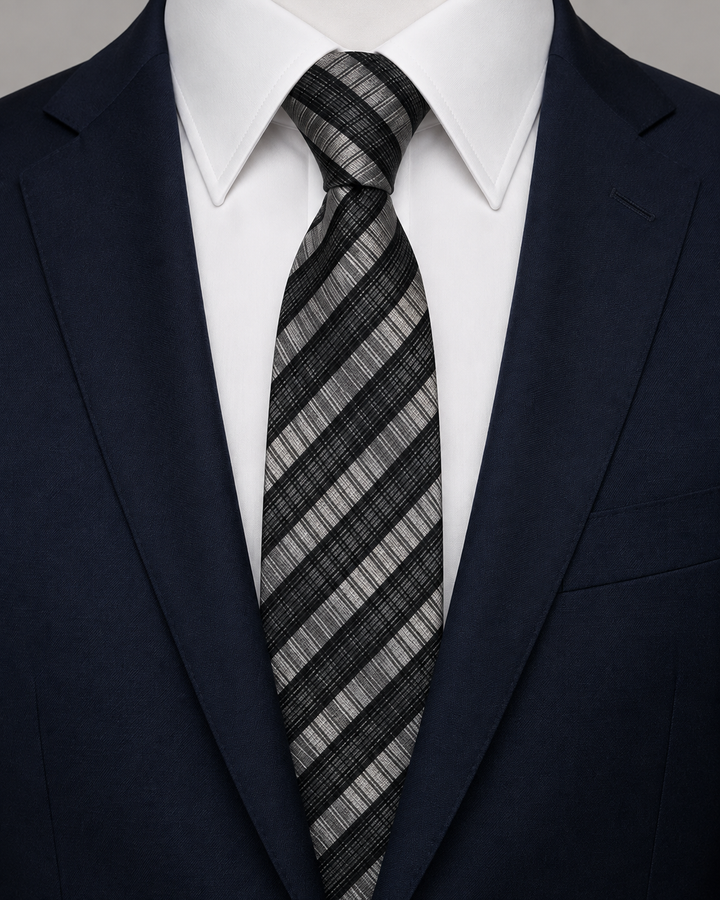HUGO SMAL, smal slips i svart och silver med randigt mönster, formellt stylad