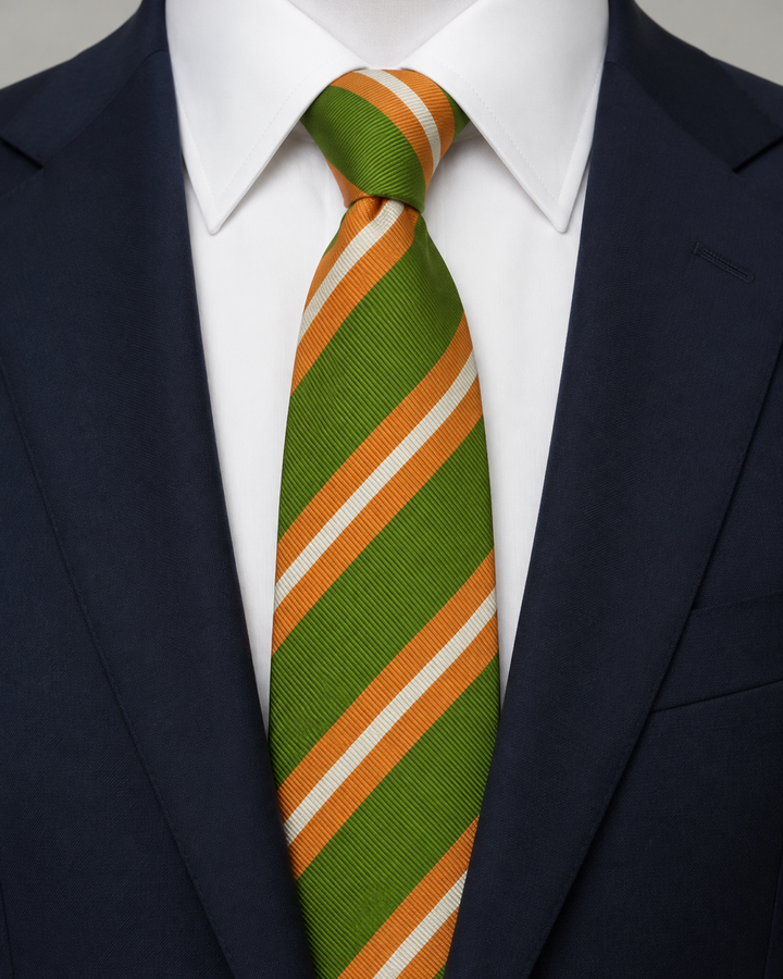 HUNTER, bred slips i grönt, orange och vitt med gröna, orange och vita diagonala band, formellt stylad