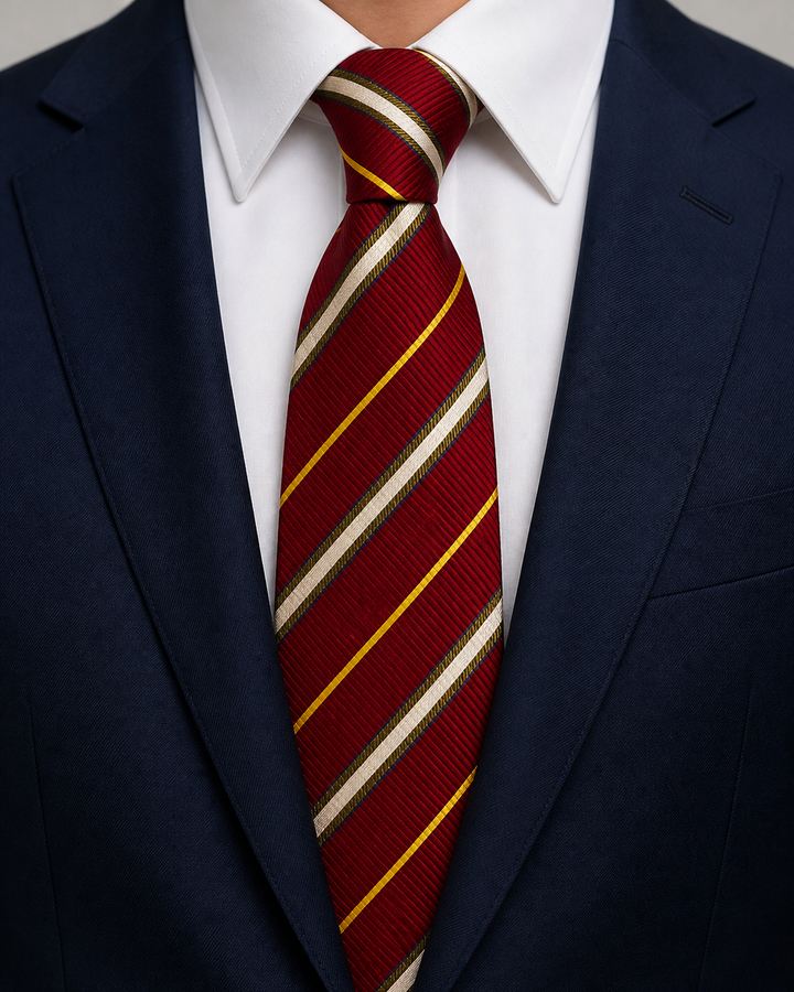 IDAHO, bred slips i rött, silvergrått och guld med breda silvergrå band med tunna guldfärgade accenter på röd botten, formellt stylad