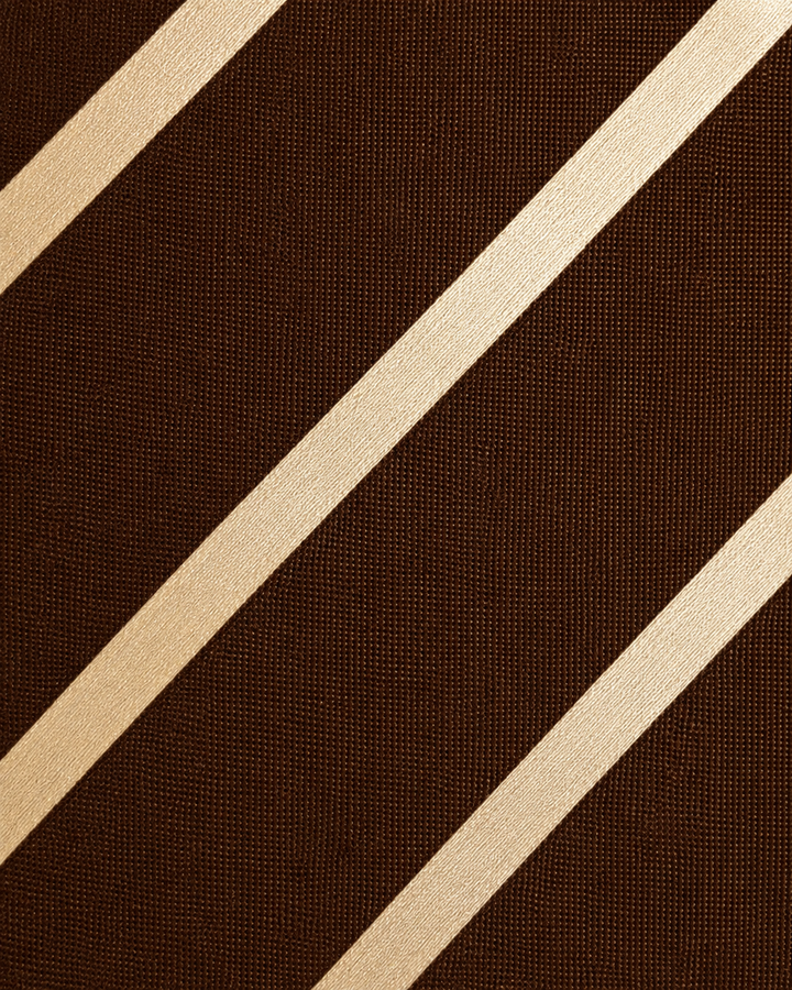Närbild av breda beiga diagonala band över en diskret rutig struktur på brun botten på KILKENNY, bred slips i brunt och beige
