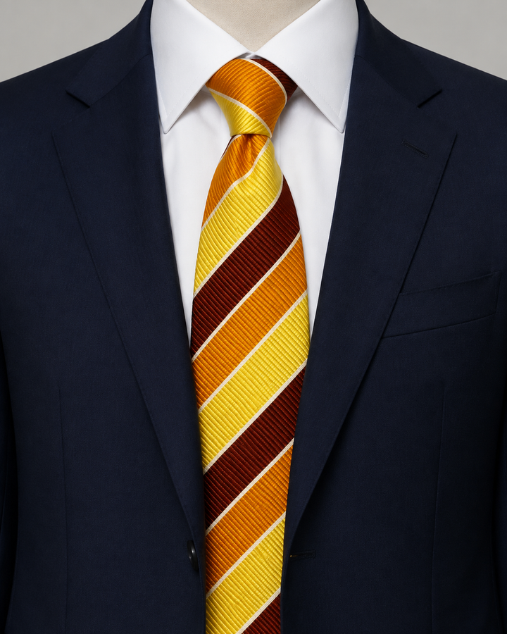 LOVE SMAL, slips i brunt, orange, gult och vitt med breda diagonala band med fin ribbad randstruktur, formellt stylad