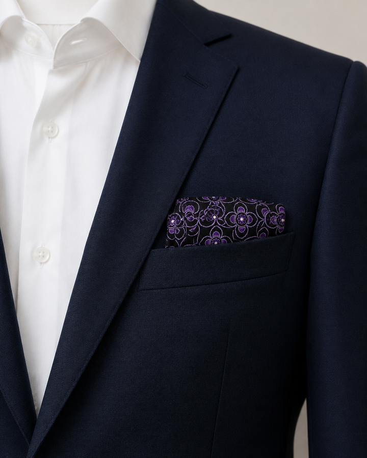 OMIKRON, bröstnäsduk i lila och svart med blommigt motiv, formellt stylad