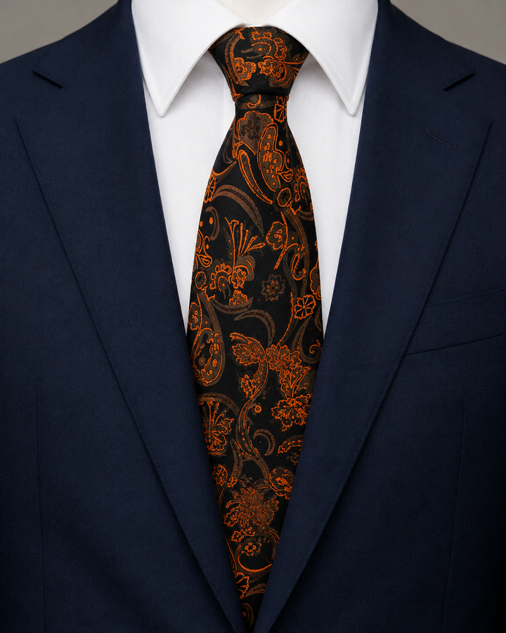 TAU, slips i svart och orange med stora orange paisleymotiv på svart botten, formellt stylad