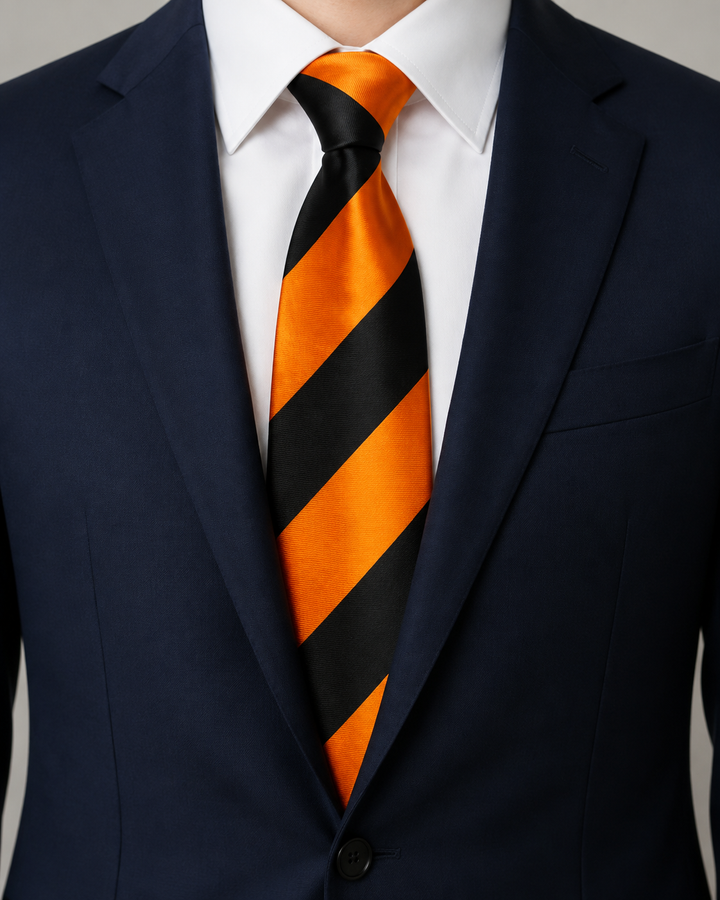 TOBIAS, bred slips i svart och orange med randigt mönster, formellt stylad
