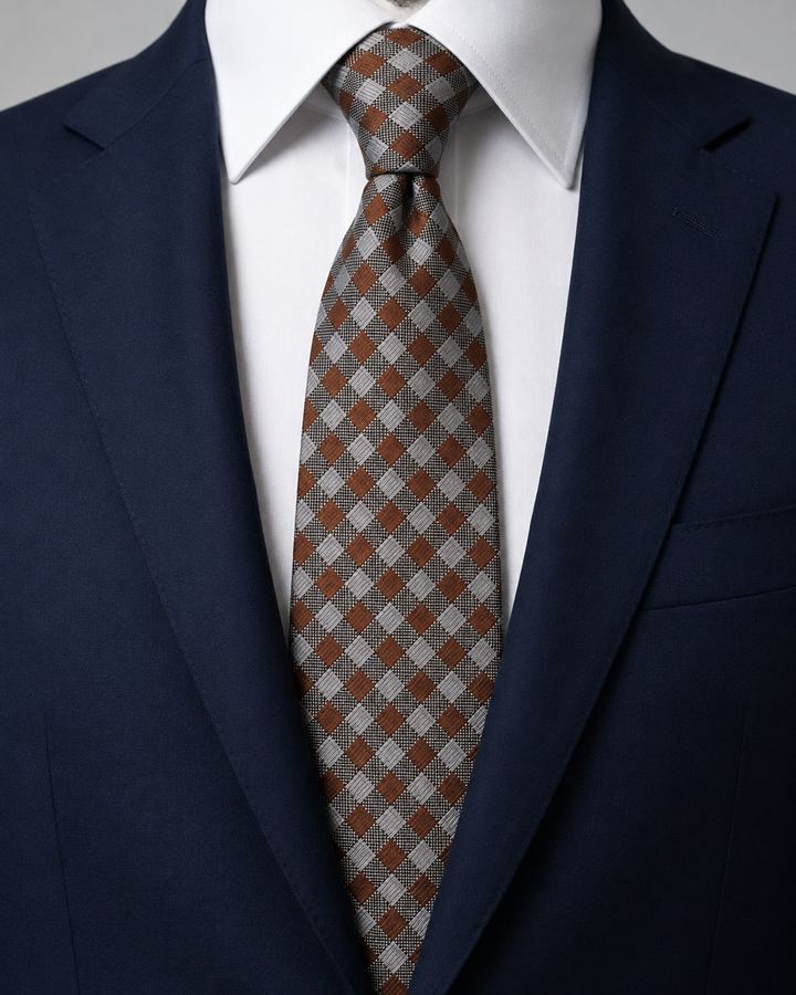 VOLLO, bred slips i grått och brunt med rutigt mönster, formellt stylad