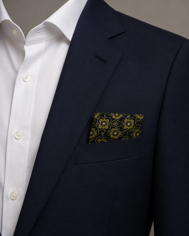 YPSILON, bröstnäsduk i mörkblått och grönt med blommigt motiv, formellt stylad